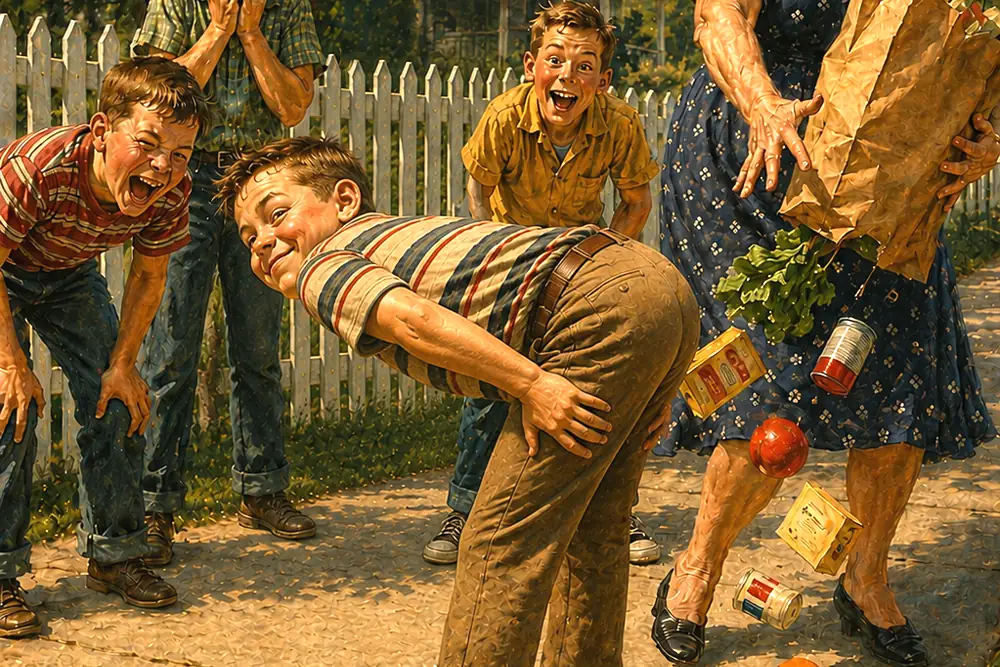 A group of children in a garden, one of them clearly identifiable.