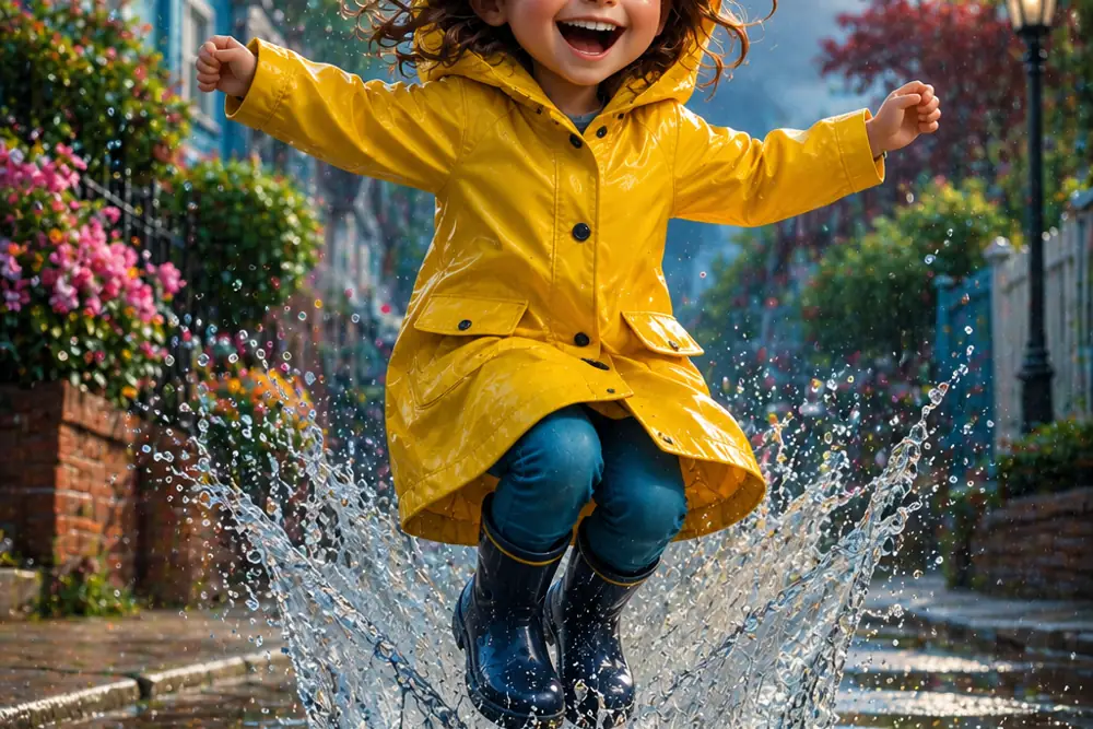 A child in a yellow raincoat jumping into a puddle on a suburban street.