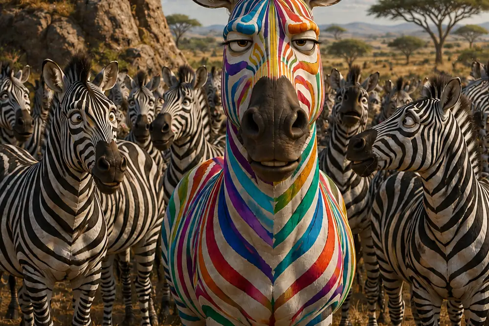 A color photograph of zebras on the savanna under a blue sky.